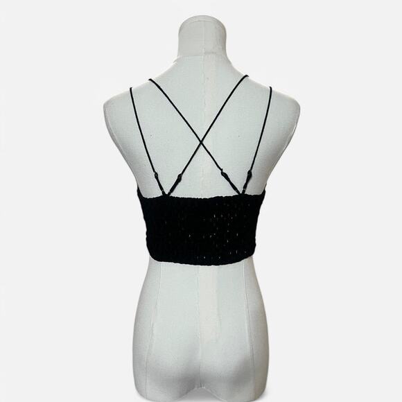 Free People Black Velvet Madonna Sheer Floral Lace Smocked Cropped Bra Top XS - Picture 6 of 8